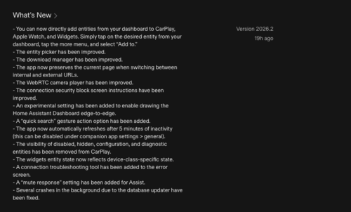 Ändringsloggen för Home Assistant iOS app version 2026.2