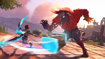 En bild som visar en strid mot en minotaur i Immortals Fenyx Rising.