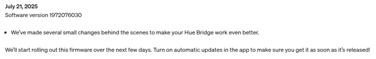 Release notes för Philips Hue Bridge firmware version 1972076030. (Bildkälla: Philips Hue)