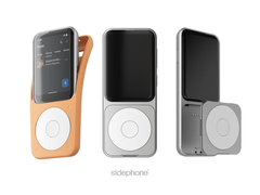 Sidephone SP-01 (bilden) med Sundial-knappsatsen och silikonfodralet. (Bildkälla: u/gosidephone via r/sidephone)