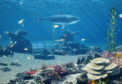 InZOI Island Getaway gratis DLC snorkling skärmdump som visar hajar och fiskar i grunt vatten