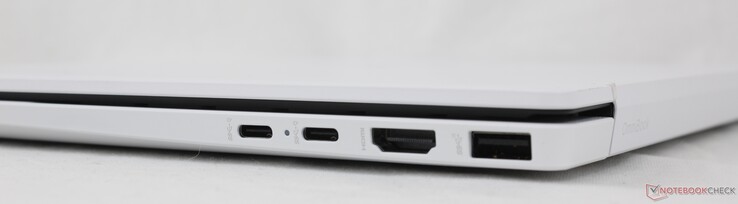 Höger: 2x USB-C 1/ DisplayPort 2.1 + Power Delivery (10 Gbps), HDMI 2.1, USB-A (10 Gbps)