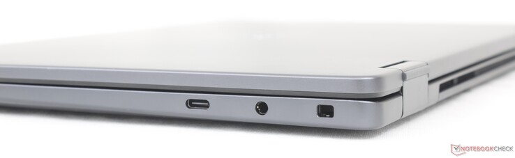 Rätt: USB-C 3.2 Gen.2 (20 Gbps) med DisplayPort 1.4 + Power Delivery, 3,5 mm headset, Noble lock