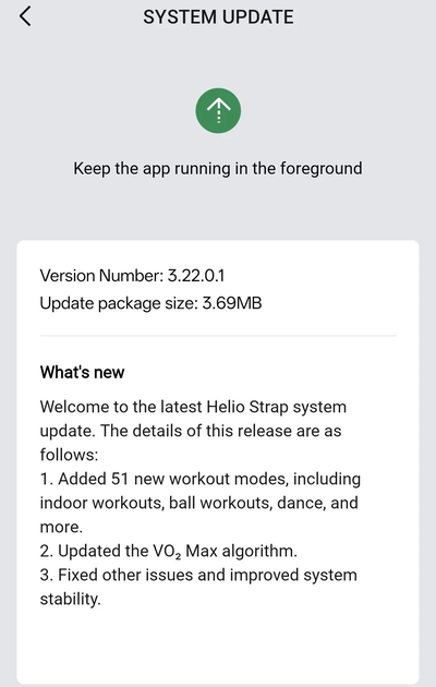 I releaseinformationen för Amazfit Helio Strap anges att en uppdatering till version v3.22.0.1 är på väg.