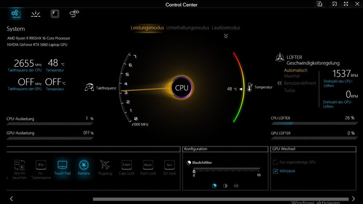 Prestandaprofiler i kontrollcentret för Apex 17
