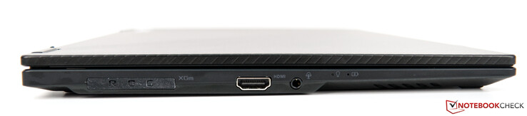 Vänster: ROG XG Mobile Interface inklusive 1x USB 3.2 Gen 2 Typ C, 1x HDMI 2.0b, 1x 3.5 mm kombinerad ljudanslutning