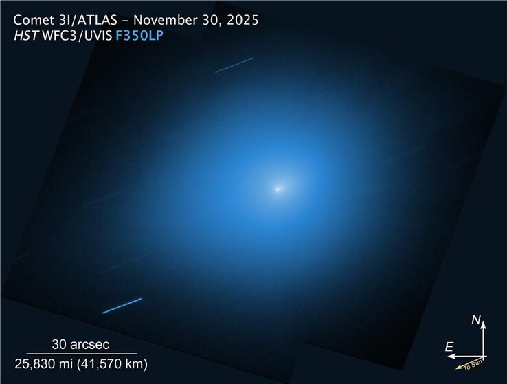 Bild tagen av rymdteleskopet Hubble den 30 november 2025, som visar kometen 3I/ATLAS. (Bildkälla: NASA, ESA, STScI, D. Jewitt (UCLA), M.-T. Hui (Shanghai Astronomical Observatory). Bildbehandling: J. DePasquale (STScI))