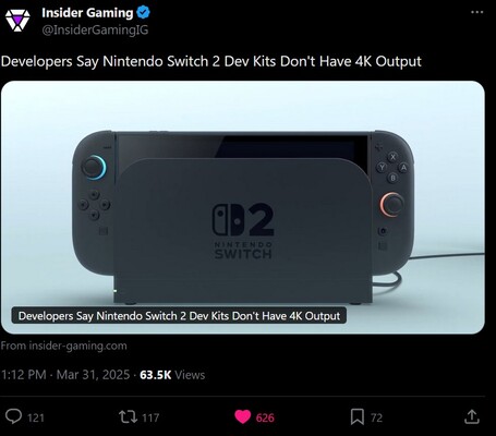 Insider Gaming Switch 2 dev kit saknar 4K X-post (Bildkälla: skärmdump, Insider Gaming X-konto)