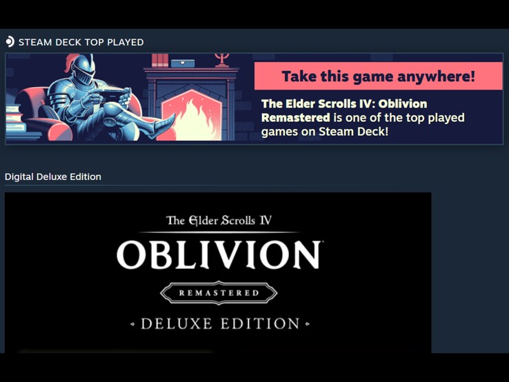 En skärmdump av en Steam-annonsbanner som marknadsför The Elder Scrolls IV: Oblivion Remastered som ett av de mest spelade spelen på Steam Deck.