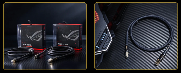Asus ROG Zoom. Ett tätt flätat hölje skyddar den mot nötning och drag, medan RJ-45-kontakterna har guldpläterad kopparskärmning.