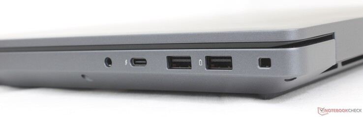 Höger: 3,5 mm headset, USB-C Thunderbolt 4 (40 Gbps) med DisplayPort 2.1 + Power Delivery, USB-A 3.2 Gen. 1, låsplats