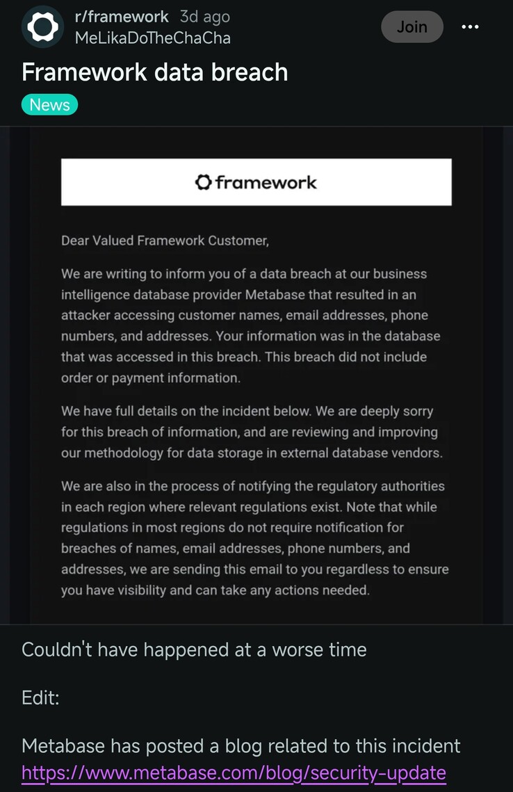 Reddit-inlägget med detaljer om dataintrånget enligt Framework