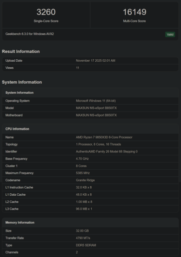Ryzen 7 9850X3D Geekbench-listning (bildkälla: Geekbench)