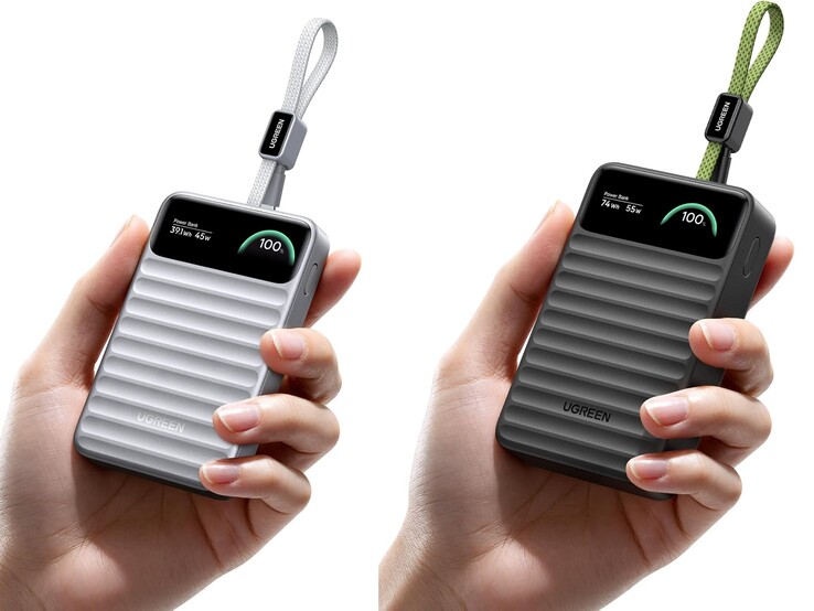Till vänster: modellen på 10 000 mAh i silver. Till höger: modellen på 20 000 mAh i svart.