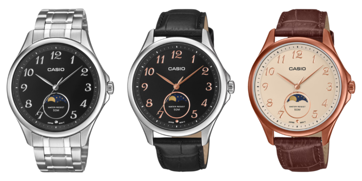 Från vänster till höger: klockorna Casio MTP-M110D-1AV, MTP-M110L-1AV och MTP-M110RL-5AV. (Bildkälla: Casio)