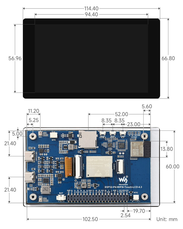 Mekanisk ritning av 4,3-tums ESP32-P4 pekskärm med detaljerade mått på kort och hölje (i mm)
