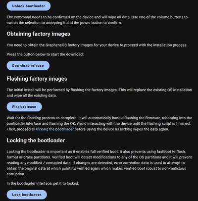 I likhet med Pixel online-återställningsverktyget är 4 klick genom en online-installatör allt som krävs för att få Graphene installerat (Bildkälla: GrapheneOS)