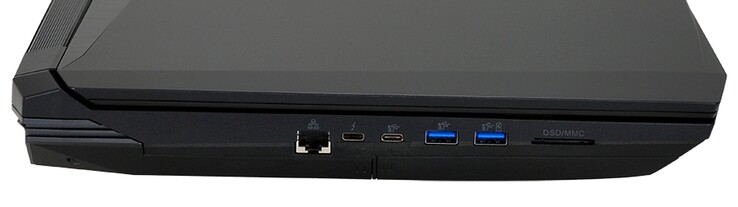 Vänster: Gigabit RJ-45, Thunderbolt 3, USB 3.0 Typ C, 2x USB 3.0, SD-kortläsare
