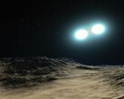 En konstnärsillustration som visar två neutronstjärnor och en planet.