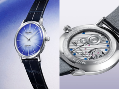 Credor GCBY991 Goldfeathers urtavla (vänster) och handlindade kaliber 6890 (höger), avbildade mot en blåvit bakgrund. (Bildkälla: Credor - redigerad)