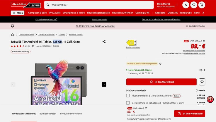 Tabwee T50 marknadsförs i flera regioner med 6 GB RAM och 128 GB lagringsutrymme.