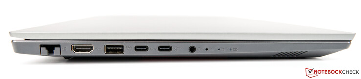 Vänster sida: Ethernet (RJ45), HDMI 1.4b, USB 3.1 Gen 1, USB-C 3.1 Gen 1, USB-C 3.1 Gen 2 (DisplayPort, PowerDelivery), 3.5 mm ljudanslutning
