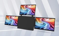Bilden visar den bärbara skärmen Acer PD163Q-P3 med en central enhet omgiven av tre 1080p-skärmar på 15,6 tum på sidorna