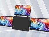 Bilden visar den bärbara skärmen Acer PD163Q-P3 med en central enhet omgiven av tre 1080p-skärmar på 15,6 tum på sidorna 