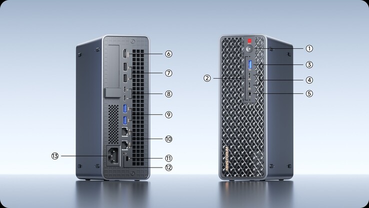 Mini-PC:n har ett stort antal portar, däribland totalt fyra USB 4-portar.