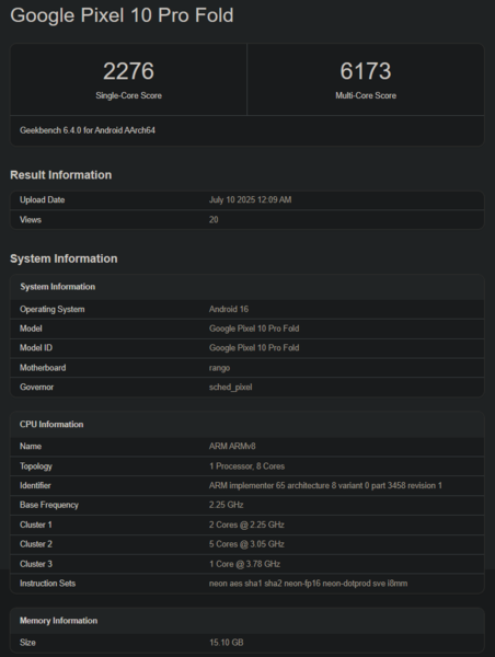 Tensor G5 Geekbench-poäng (bildkälla: Geekbench)