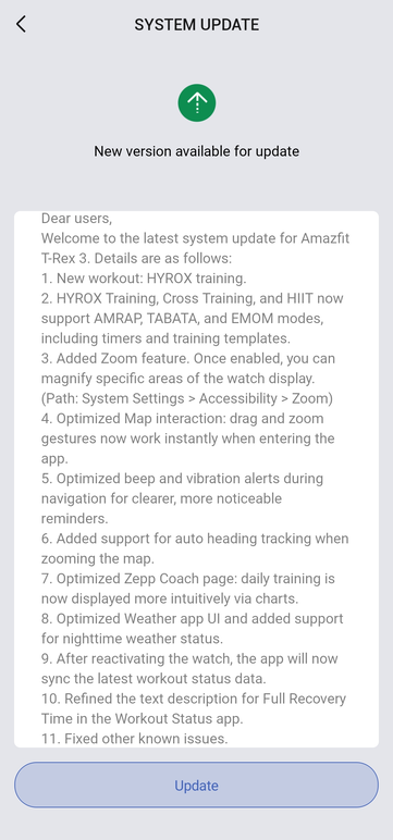 Releaseanteckningarna för version 3.9.4.4 för T-Rex 3 smartwatch. (Bildkälla: Amandeepxreal via Reddit)