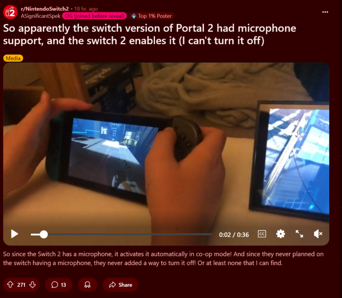 Portal 2 Switch 2 alltid på mikrofon demonstrerad (bildkälla: skärmdump, Nintendo Switch 2 subreddit)