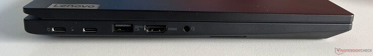 Vänster: USB-C 3.2 Gen 1 (5 Gbps, DisplayPort ALT Mode 1.4, Power Delivery), USB-C 3.2 Gen 2 (10 Gbps, DisplayPort ALT Mode 1.4, Power Delivery), USB-A 3.2 Gen.1 (5 Gbps, strömförsörjd), HDMI 1.4b, 3,5 mm ljud