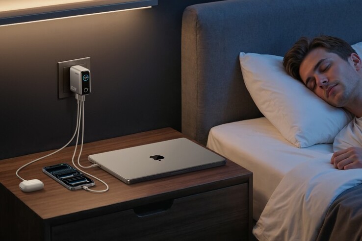 Anker Charger (100W, 3 Ports, Smart Display) ger tillräckligt med ström för att ladda en MacBook, iPhone och AirPods samtidigt. (Bildkälla: Anker)