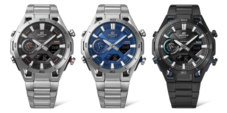 Från vänster till höger: klockorna Casio Edifice ECB-2300D-1A, ECB-2300D-2A och ECB-2300DC-1A (Bildkälla: Ersa Watch, redigerad)