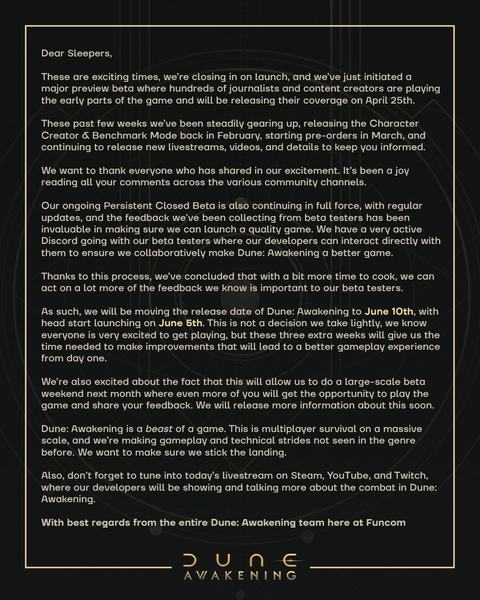 Dune: Uppdatering av utgivningsdatum för Awakening på Discord (Bildkälla: Officiell Dune: Awakening Discord-server)
