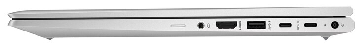 Höger sida: SIM-kortläsare (tillval), ljudkombination, HDMI, USB 3.2 Gen 1 (USB-A), 2x USB 3.2 Gen 2 (USB-C; Power Delivery, DisplayPort), strömanslutning