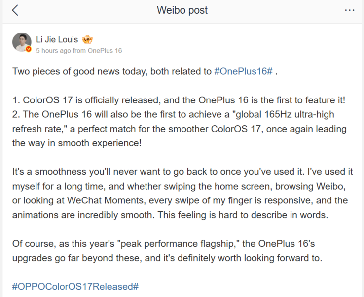 Li Jie har bekräftat en global uppdateringsfrekvens på 165 Hz för OnePlus 16 och ColorOS 17 direkt ur förpackningen.