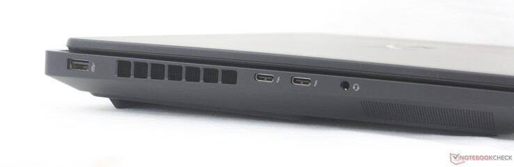 Vänster: USB-A (10 Gbps), 2x USB-C Thunderbolt 4 med DisplayPort 2.1 + Power Delivery 3.1 (40 Gbps), 3,5 mm headset