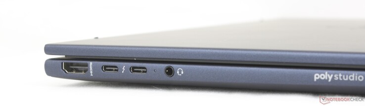 Vänster: HDMI 2.1, 2x USB-C 40 Gbps Thunderbolt 4 w/ Power Delivery + DisplayPort 2.1, 3,5 mm headset