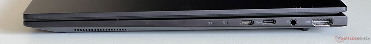 Höger sida: USB-C 3.2 Gen 2 (10 Gbit/s, DisplayPort ALT-läge, Power Delivery), USB-C 4.0 med Thunderbolt 4 (40 GBit/s, DisplayPort ALT-läge, Power Delivery), 3,5-mm ljud, HDMI 2.1