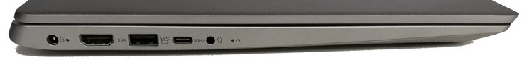 Vänster sida: nätadapter, HDMI-ut, en USB 3.0-port, en USB Typ C-port, kombinerad ljudanslutning