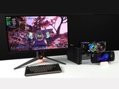 Borderlands 4 körs på en bildskärm ansluten till en Minisforum MSA2 minidator ihop med en AMD Radeon RX 9070 XT i en Oculink eGPU-docka, tillsammans med en Asus ROG Ally X handhållen dator (Bildkälla: ETA PRIME via YouTube)