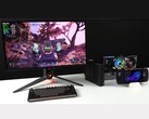 Borderlands 4 körs på en bildskärm ansluten till en Minisforum MSA2 minidator ihop med en AMD Radeon RX 9070 XT i en Oculink eGPU-docka, tillsammans med en Asus ROG Ally X handhållen dator (Bildkälla: ETA PRIME via YouTube)
