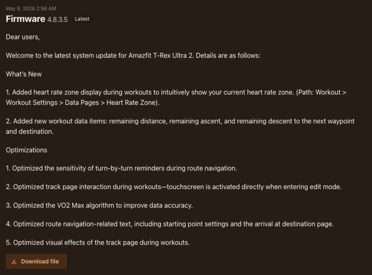 Släppanteckningarna för firmwareversion 3.8.0.5 för Amazfit T-Rex Ultra 2 smartwatch