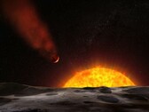 En konstnärsillustration som visar en exoplanet på väg mot sin stjärna.