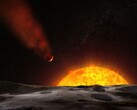 En konstnärsillustration som visar en exoplanet på väg mot sin stjärna.