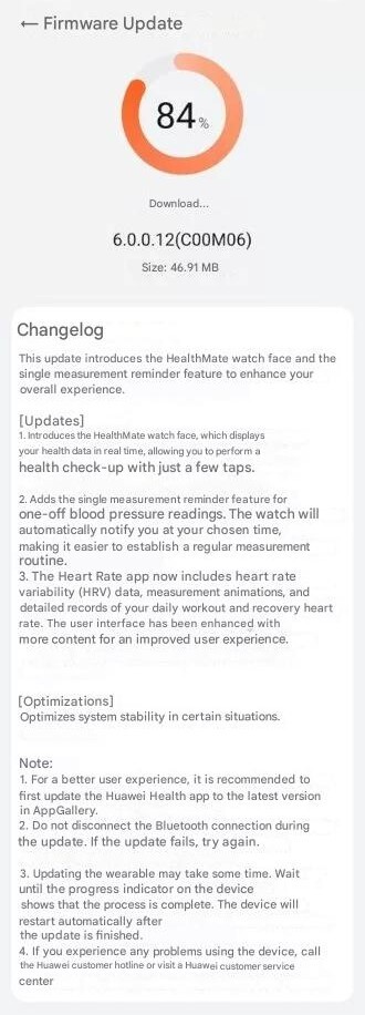 Release notes för Huawei Watch D2 mjukvaruversion 6.0.0.12. (Bildkälla: Huaweiblog.de, maskinöversatt)
