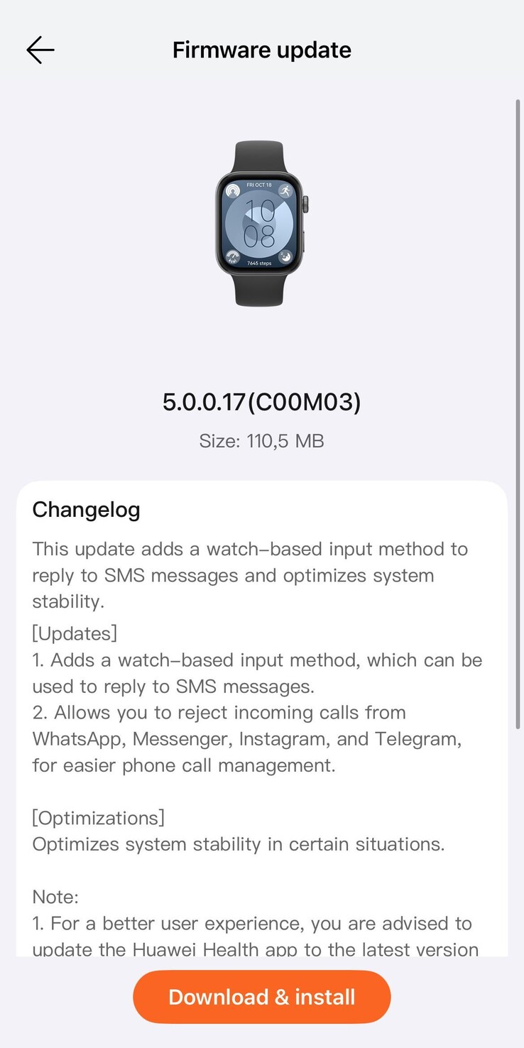 Ändringsloggen för firmwareversion 5.0.0.17 för Huawei Watch Fit 3. (Bildkälla: u/Eyas-Alhamwi via Reddit)