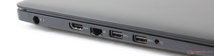Vänster: AC-adapter, HDMI 2.0, RJ-45, 2x USB 3.0, 3.5 mm kombinerad ljudanslutning